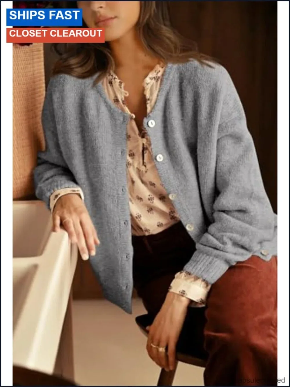 Womens Long Sleeve Crewneck Button Down Rib Knit Cardigan Sweater